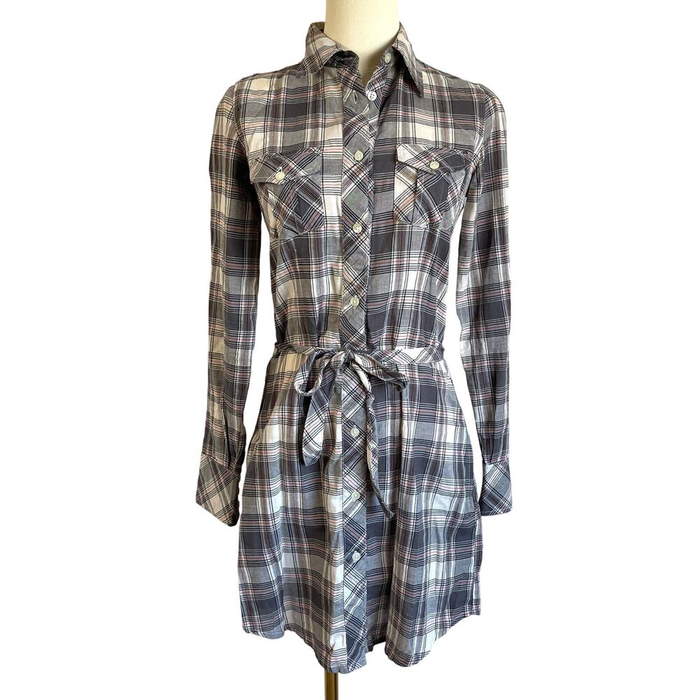 Vintage Delia’s Gray White Red Plaid Western Belted Button Shirtdress Cotton S
